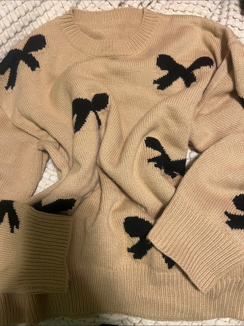 Beige Crewneck Sweater with Black Bows Motif - Women's Knit